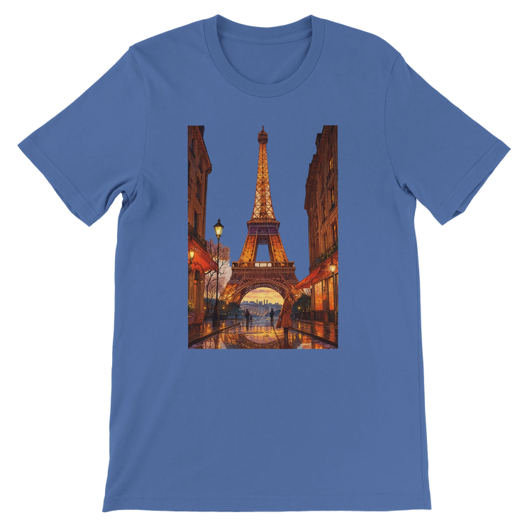 Columbia blue t-shirt featuring vibrant animated Eiffel Tower Paris artwork in modern travel street style premium breathable cotton unisex fit eco friendly production perfect for print on demand lovers and global culture streetwear