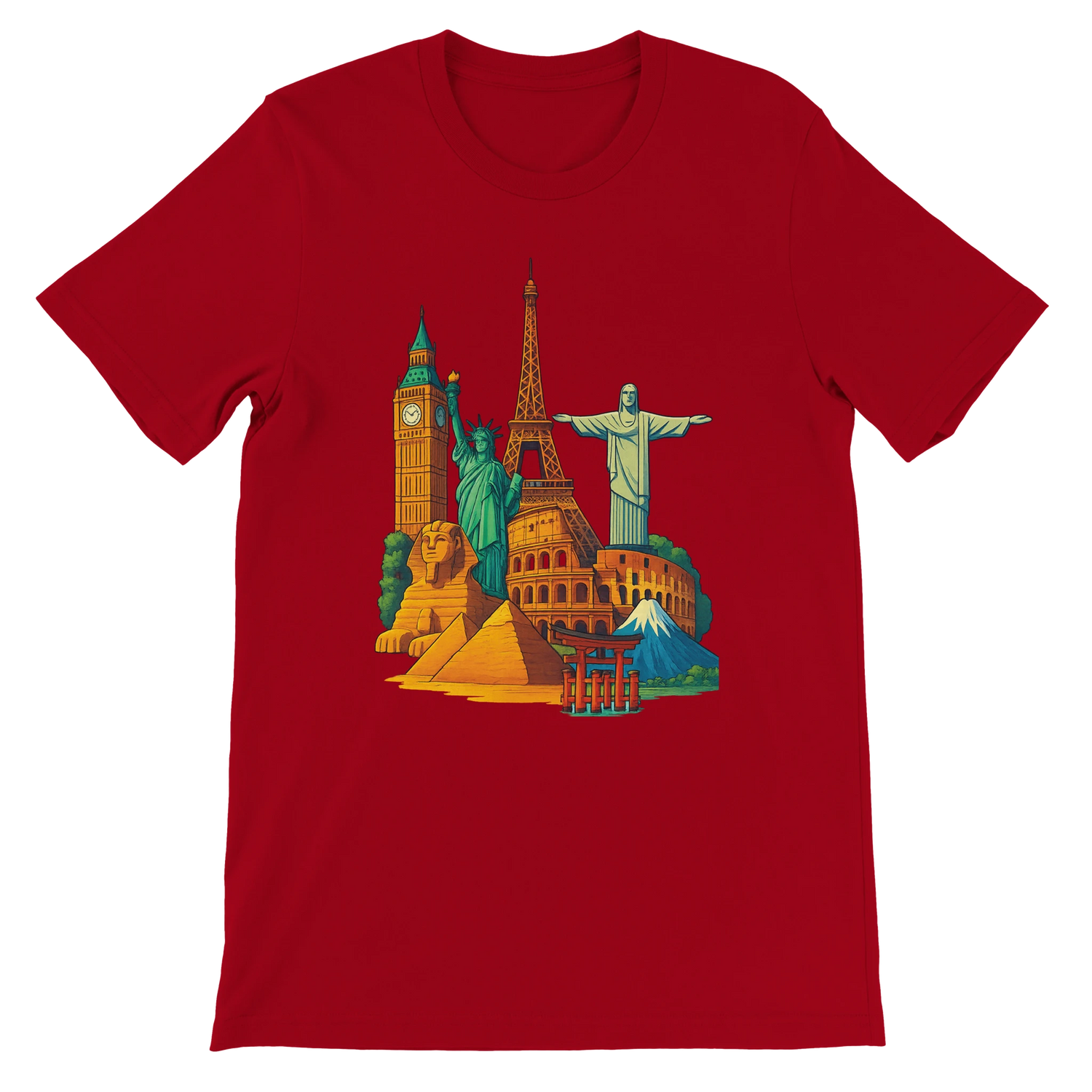 Red Famous Landmarks Animated Style T-Shirt with striking animated world landmark graphics for travel lovers and city culture enthusiasts made in breathable premium cotton with a unisex fit ideal for tourism inspired streetwear