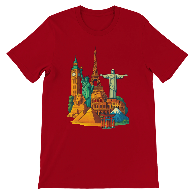 Red Famous Landmarks Animated Style T-Shirt with striking animated world landmark graphics for travel lovers and city culture enthusiasts made in breathable premium cotton with a unisex fit ideal for tourism inspired streetwear