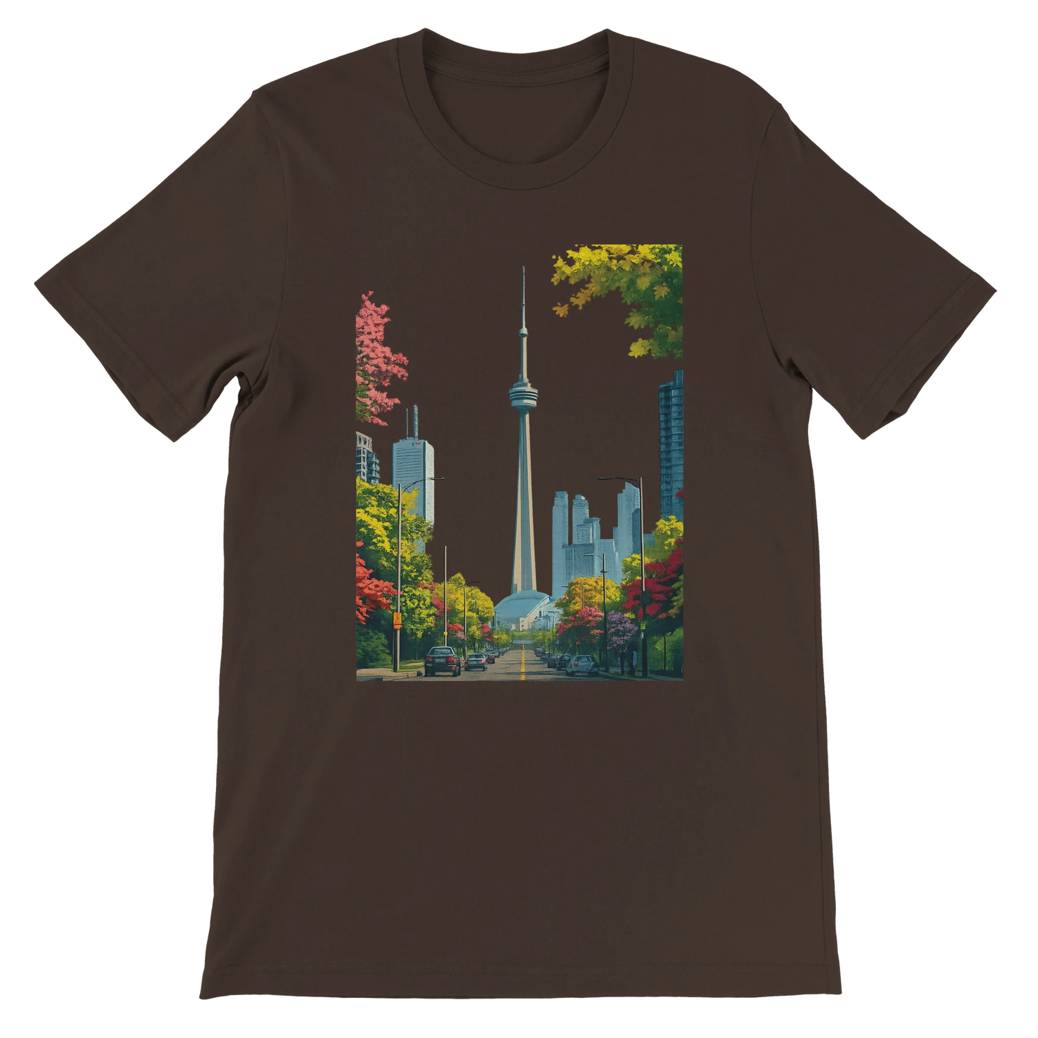 Brown Toronto skyline t shirt featuring animated CN Tower artwork and colorful city skyline design. Premium cotton unisex top for travelers and fashion lovers who want to wear artistic interpretations of world landmarks. Soft eco friendly tee perfect for stylish streetwear outfits.