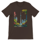 Brown Toronto skyline t shirt featuring animated CN Tower artwork and colorful city skyline design. Premium cotton unisex top for travelers and fashion lovers who want to wear artistic interpretations of world landmarks. Soft eco friendly tee perfect for stylish streetwear outfits.