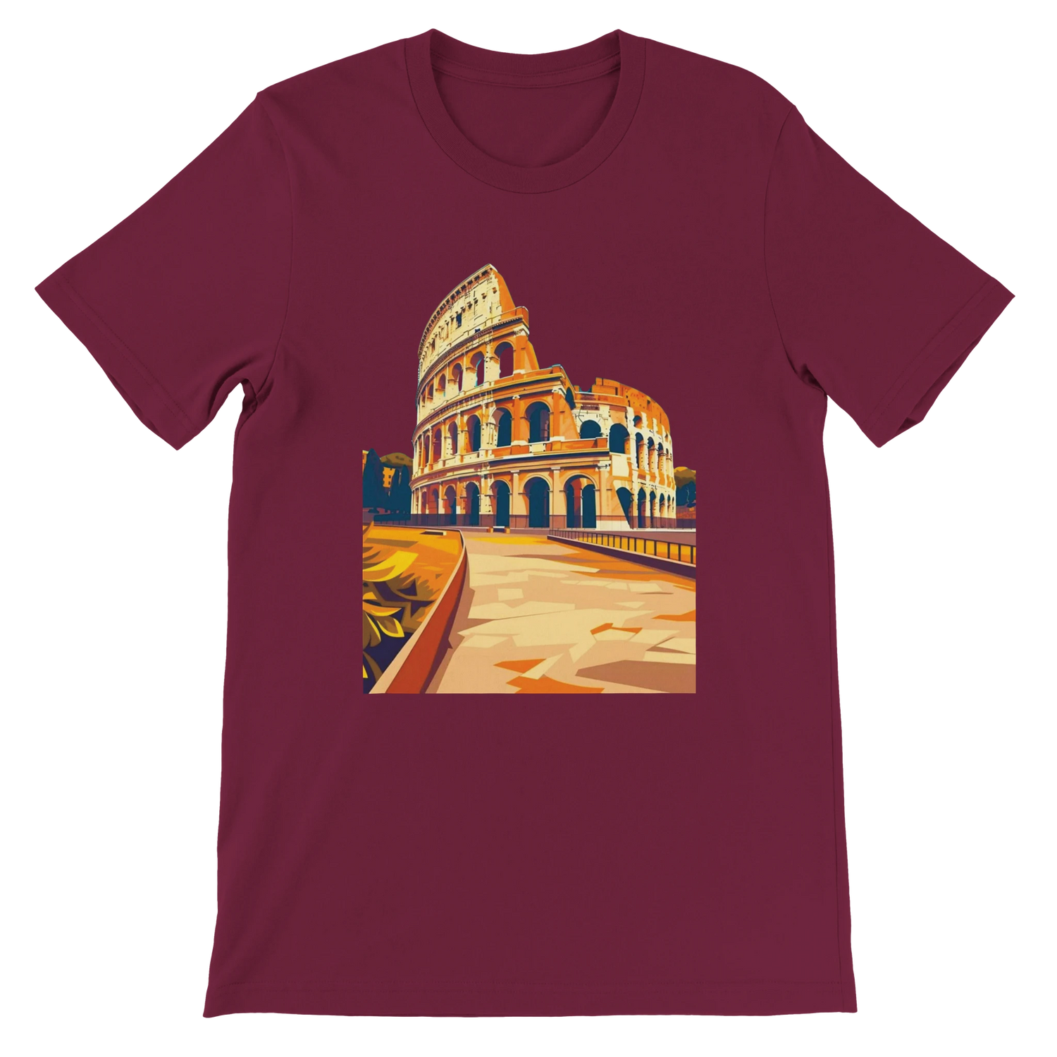Maroon Rome Colosseum graphic t-shirt featuring colorful animated landmark design for history enthusiasts. Unisex premium cotton travel tee for Rome fans, cultural fashion seekers and everyday streetwear outfits.