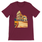 Maroon Rome Colosseum graphic t-shirt featuring colorful animated landmark design for history enthusiasts. Unisex premium cotton travel tee for Rome fans, cultural fashion seekers and everyday streetwear outfits.