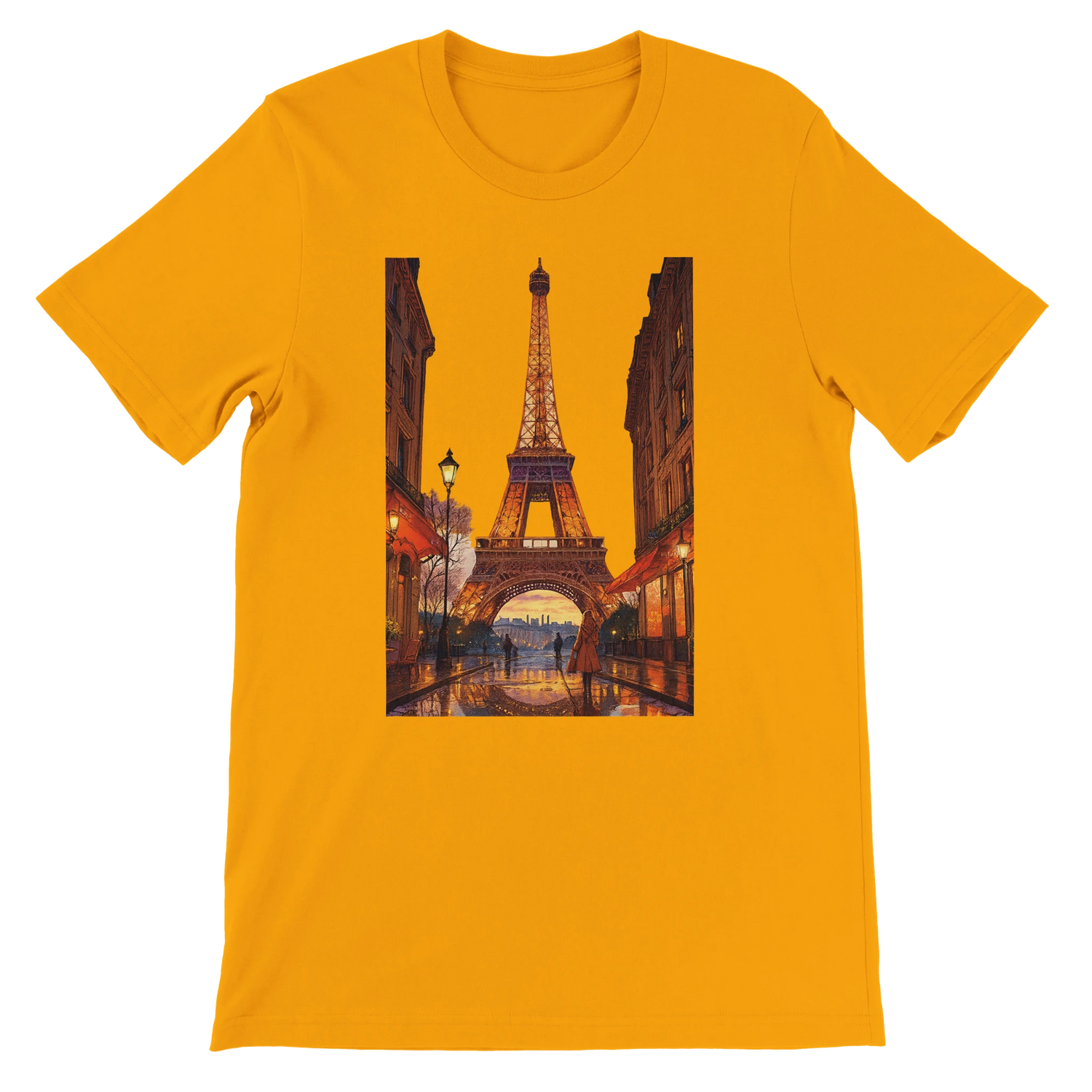 Gold Eiffel Tower Paris animated style t-shirt with bold streetwear vibes crafted from premium breathable cotton comfortable unisex fit perfect for travel inspired outfits and global culture clothing lovers eco friendly print on demand apparel