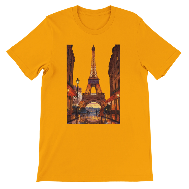 Gold Eiffel Tower Paris animated style t-shirt with bold streetwear vibes crafted from premium breathable cotton comfortable unisex fit perfect for travel inspired outfits and global culture clothing lovers eco friendly print on demand apparel