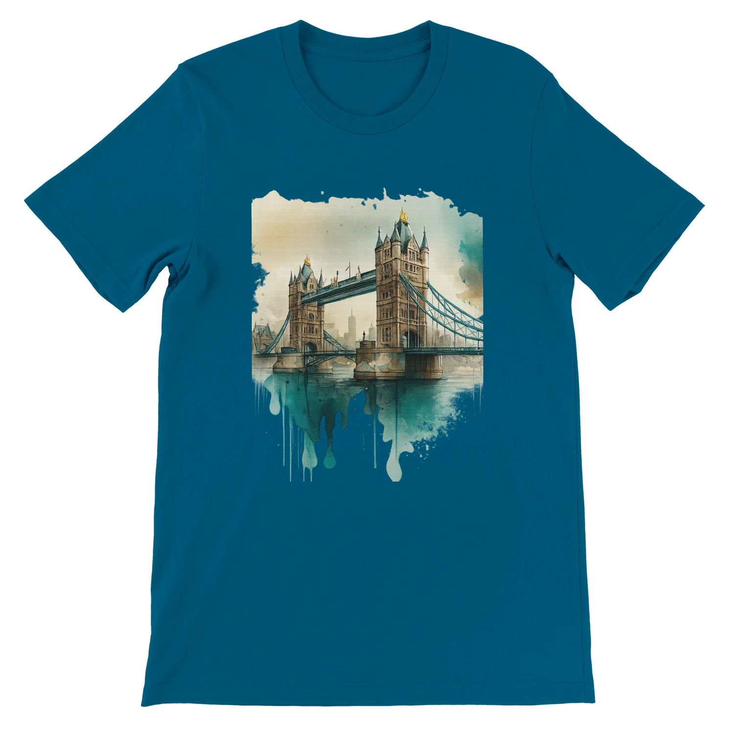 Deep Teal London Tower Bridge t-shirt featuring dynamic illustrated landmark – modern travel streetwear shirt designed for DTG printing and casual styling. Perfect gift for tourists and cityscape art fans.