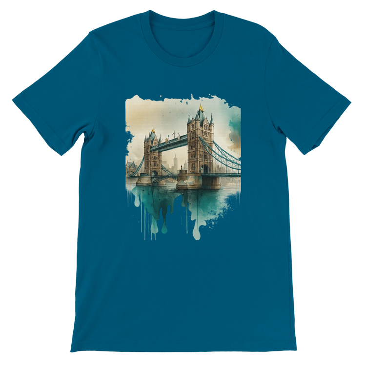 Deep Teal London Tower Bridge t-shirt featuring dynamic illustrated landmark – modern travel streetwear shirt designed for DTG printing and casual styling. Perfect gift for tourists and cityscape art fans.