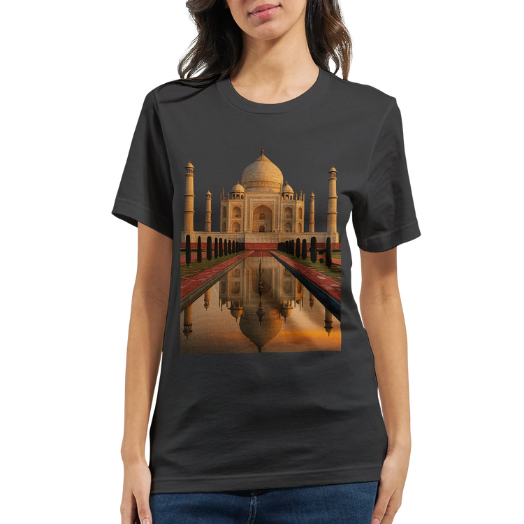 Artistic Taj Mahal illustration t-shirt in animated style printed on eco-friendly cotton. Perfect for art lovers, architecture enthusiasts, and fans of creative landmark designs in modern streetwear fashion.