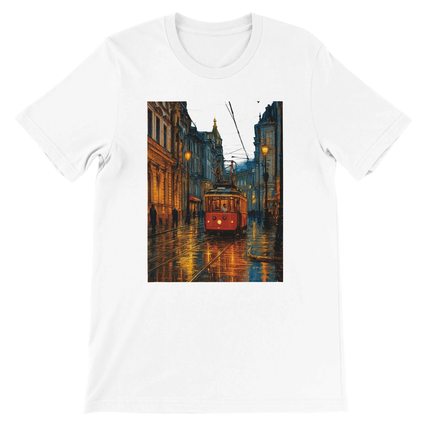 White unisex premium t-shirt featuring animated Taksim Street in Istanbul Turkey graphic print with vibrant cityscape design made from soft 100 percent cotton ideal for streetwear fashion travel lovers and world landmark apparel collectors