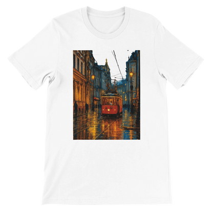 White unisex premium t-shirt featuring animated Taksim Street in Istanbul Turkey graphic print with vibrant cityscape design made from soft 100 percent cotton ideal for streetwear fashion travel lovers and world landmark apparel collectors