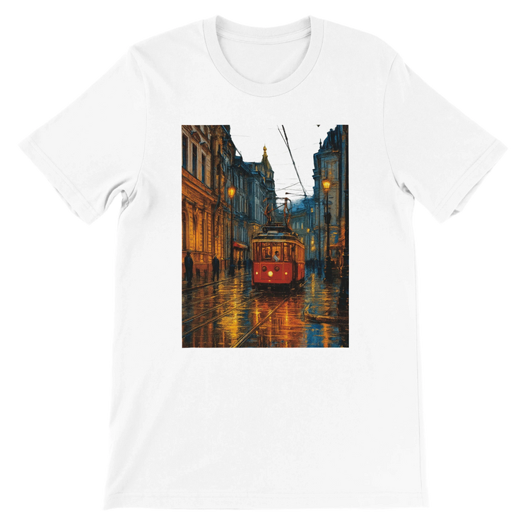 White unisex premium t-shirt featuring animated Taksim Street in Istanbul Turkey graphic print with vibrant cityscape design made from soft 100 percent cotton ideal for streetwear fashion travel lovers and world landmark apparel collectors