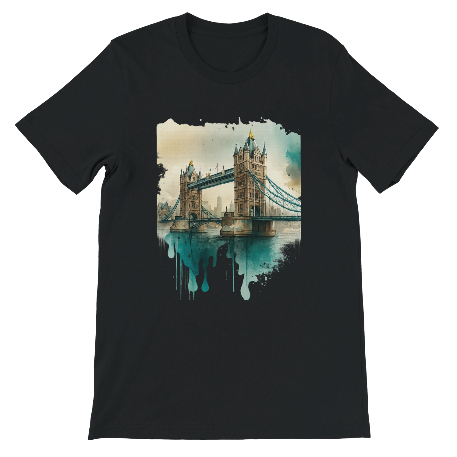 Black Tower Bridge London t-shirt featuring animated landmark artwork – bold streetwear piece for city lovers, travelers, and trendsetters. Made from high-quality cotton, tailored fit, and DTG-compatible fabric.