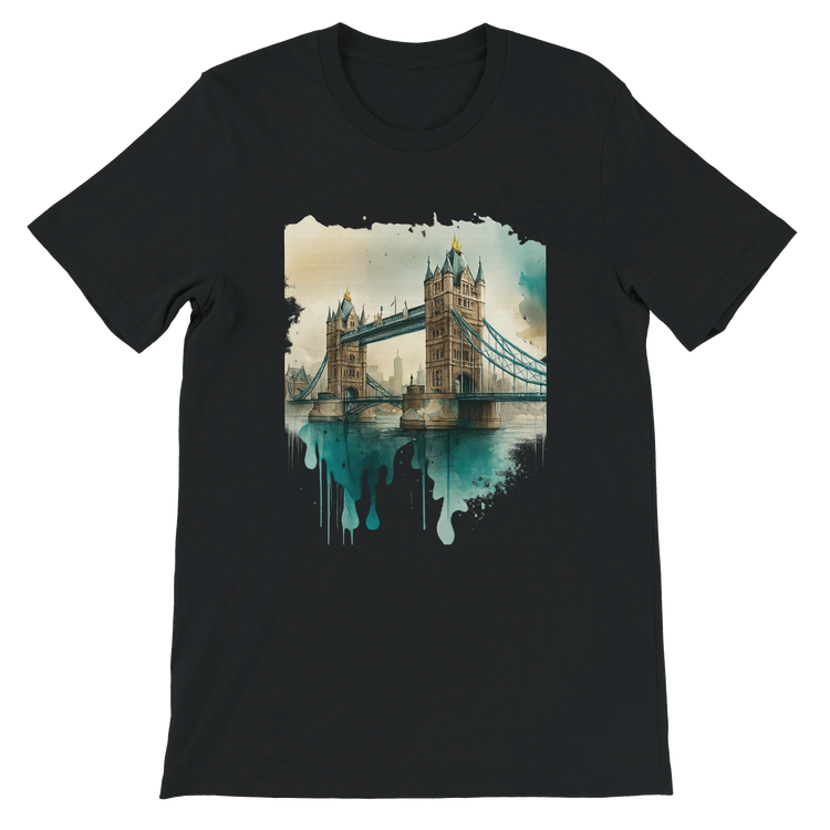 Black Tower Bridge London t-shirt featuring animated landmark artwork – bold streetwear piece for city lovers, travelers, and trendsetters. Made from high-quality cotton, tailored fit, and DTG-compatible fabric.