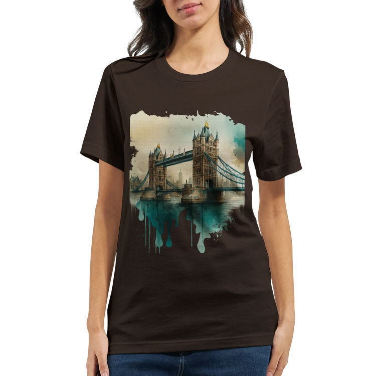 Travel-inspired Tower Bridge illustration t-shirt made with eco-friendly cotton – animated cityscape fashion tee for global explorers, urban trendsetters, and fans of iconic UK architecture. Optimized for DTG custom printing.
