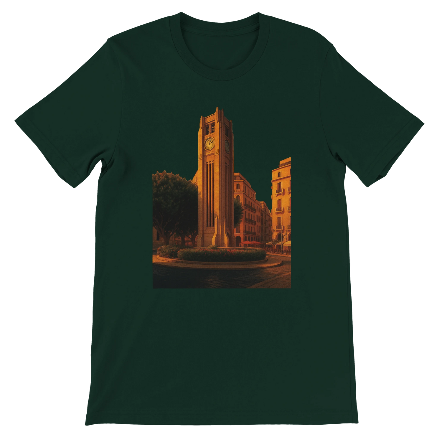 Forest green Solidere Square Beirut animated landmark t-shirt crafted from soft eco friendly cotton with vibrant DTG print perfect for cultural travel fashion and streetwear collections