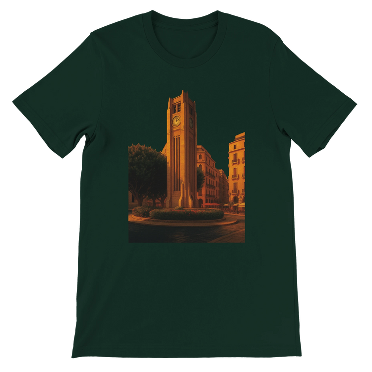 Forest green Solidere Square Beirut animated landmark t-shirt crafted from soft eco friendly cotton with vibrant DTG print perfect for cultural travel fashion and streetwear collections