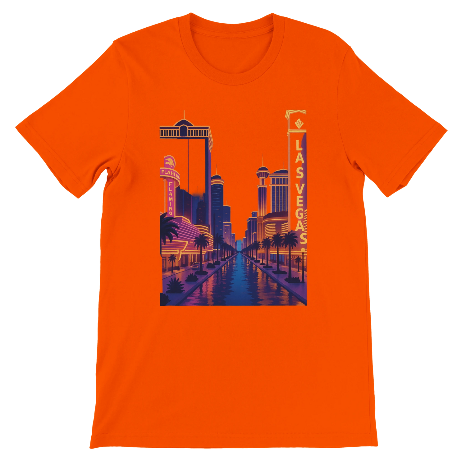 Orange Las Vegas City Animated Style t-shirt showcasing a bright animated design of Las Vegas landmarks in vivid colors. Premium cotton unisex travel fashion tee for nightlife lovers streetwear enthusiasts and city-inspired outfits.