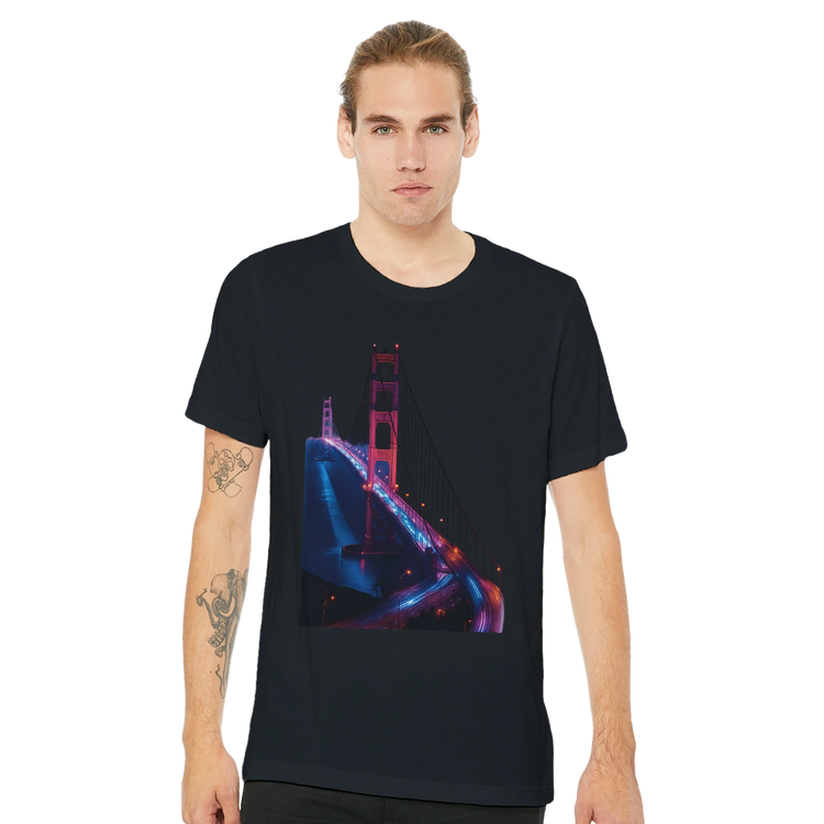 Golden Gate Bridge animated style graphic t shirt designed for print on demand collections and custom streetwear. Comfortable unisex tee with vibrant city art perfect for travelers dreamers and global culture enthusiasts.