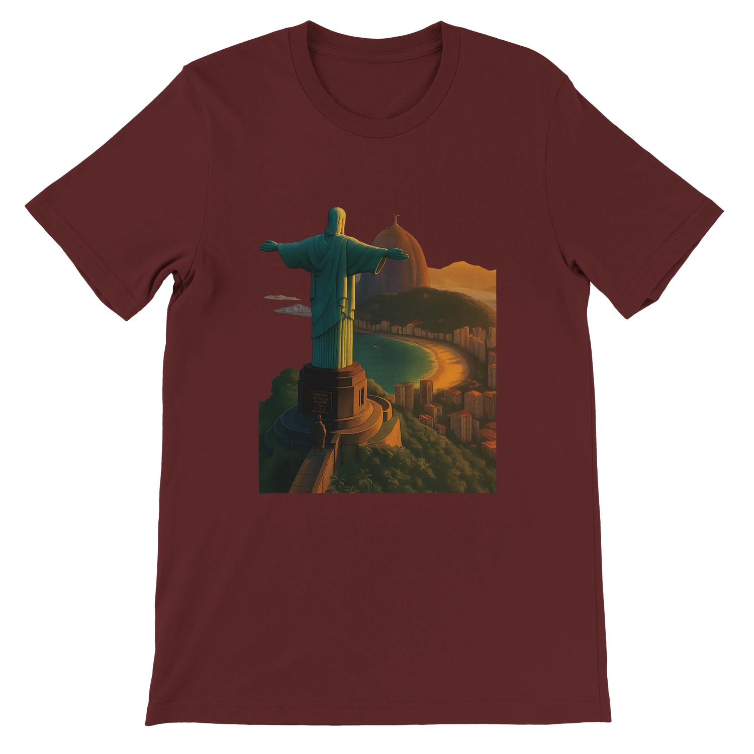 Heather maroon Christ the Redeemer travel t-shirt in animated art style inspired by Rio de Janeiro Brazil. Unisex streetwear tee made with soft breathable cotton for a premium feel.