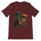 Heather maroon Christ the Redeemer travel t-shirt in animated art style inspired by Rio de Janeiro Brazil. Unisex streetwear tee made with soft breathable cotton for a premium feel.