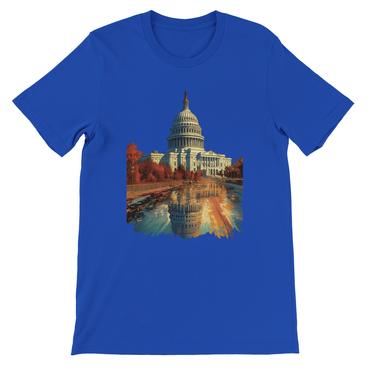 True royal blue t-shirt with animated White House design. A DTG-ready unisex cotton tee inspired by Washington DC&