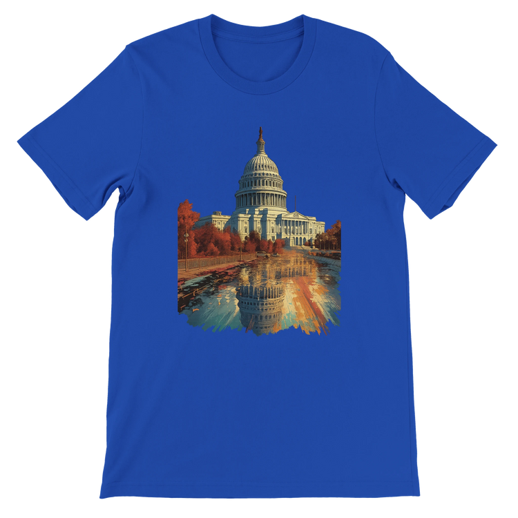 True royal blue t-shirt with animated White House design. A DTG-ready unisex cotton tee inspired by Washington DC&