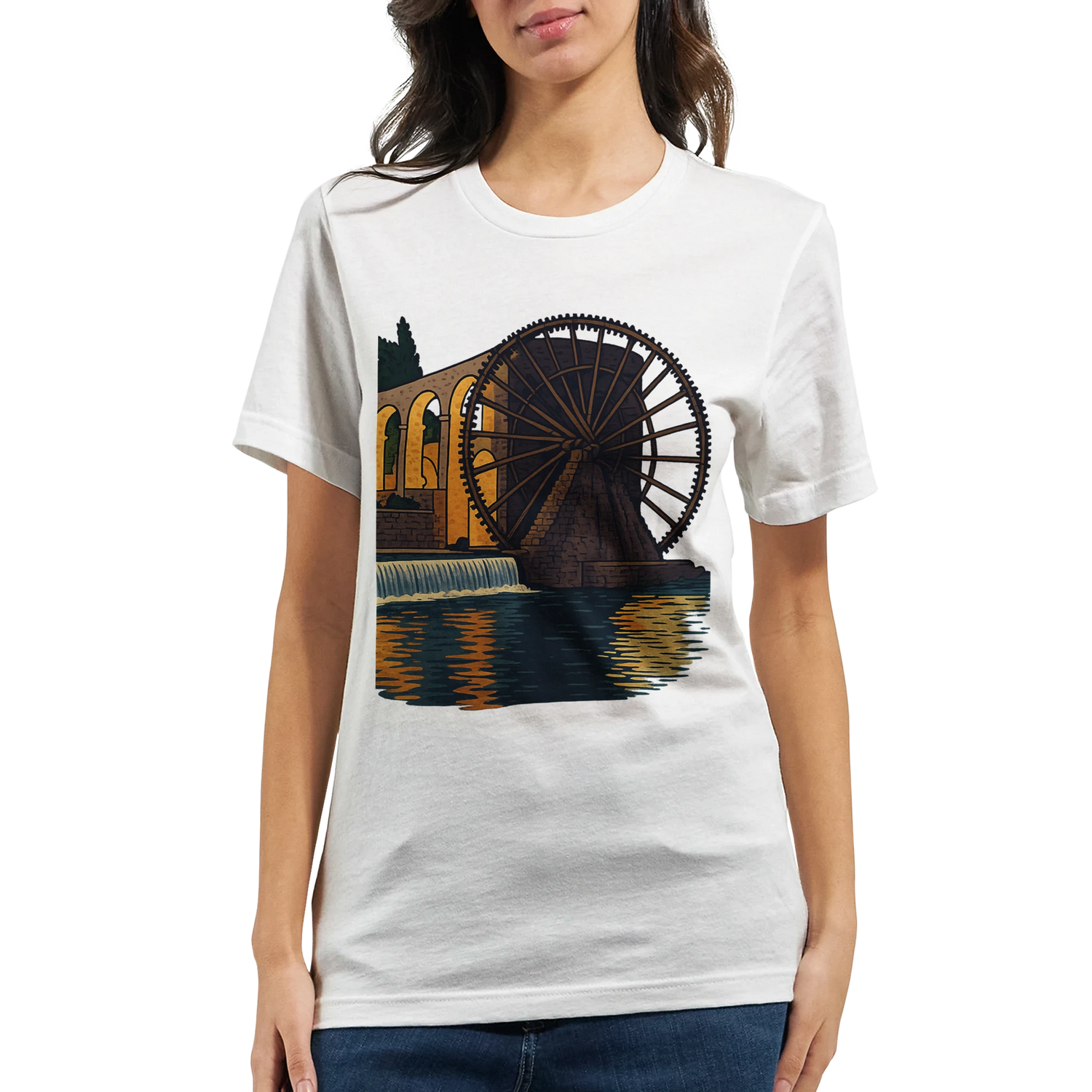 Heritage inspired cotton t shirt featuring colorful artistic print of Hama Waterwheels Syria perfect for streetwear collections and casual travel outfits
