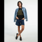 Woman wearing a black Egypt map calligraphy t-shirt with denim jacket.