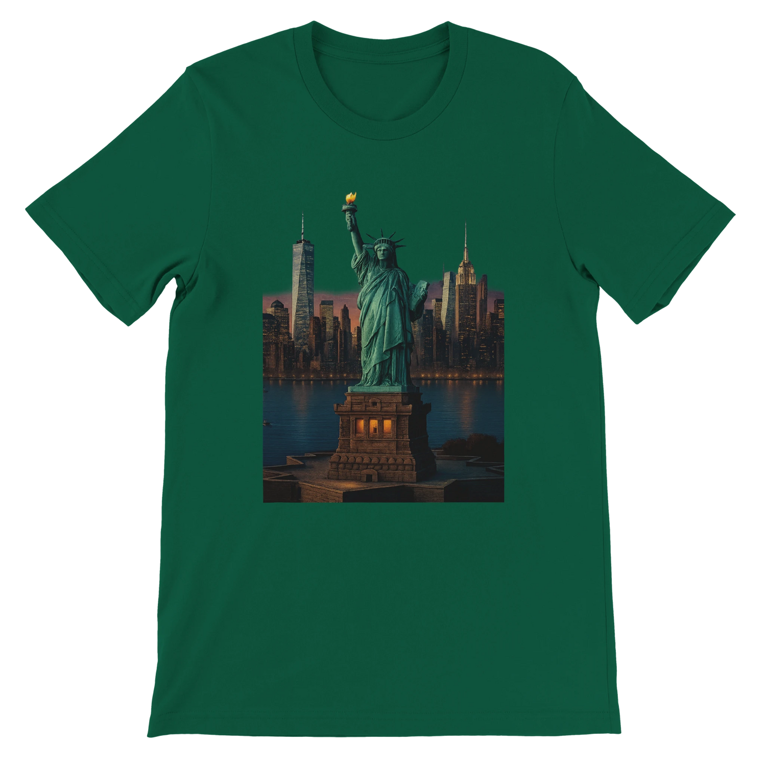 Evergreen Statue of Liberty New York City animated graphic t-shirt with premium cotton comfort. Perfect for patriotic fashion streetwear enthusiasts and animated landmark clothing collectors.