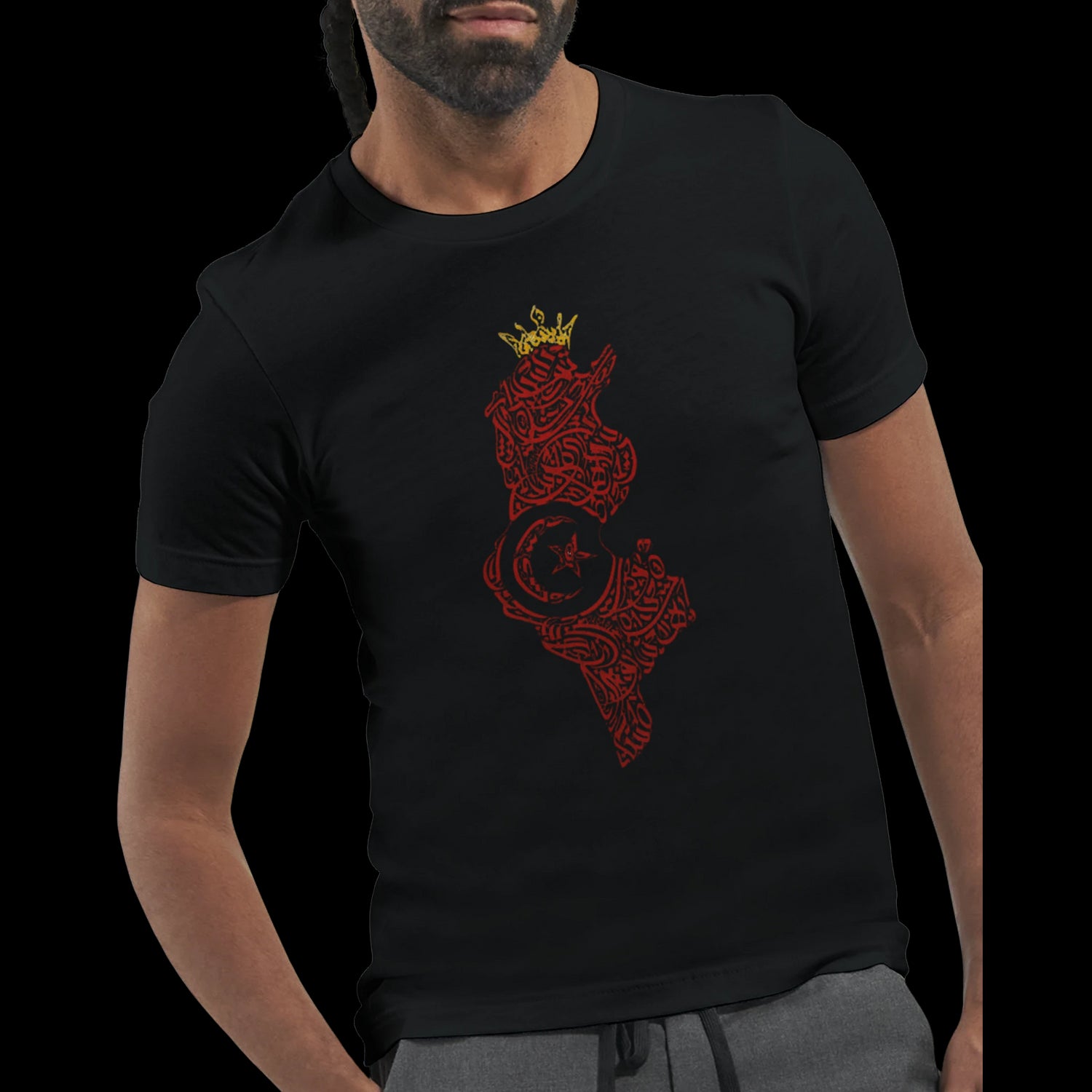 Black Arabic graphic tee with detailed calligraphy Tunisia map design for modern Arabic fashion lovers. DTG printing optimized and crafted from soft eco cotton. Perfect for streetwear collections and Middle Eastern fashion trends.