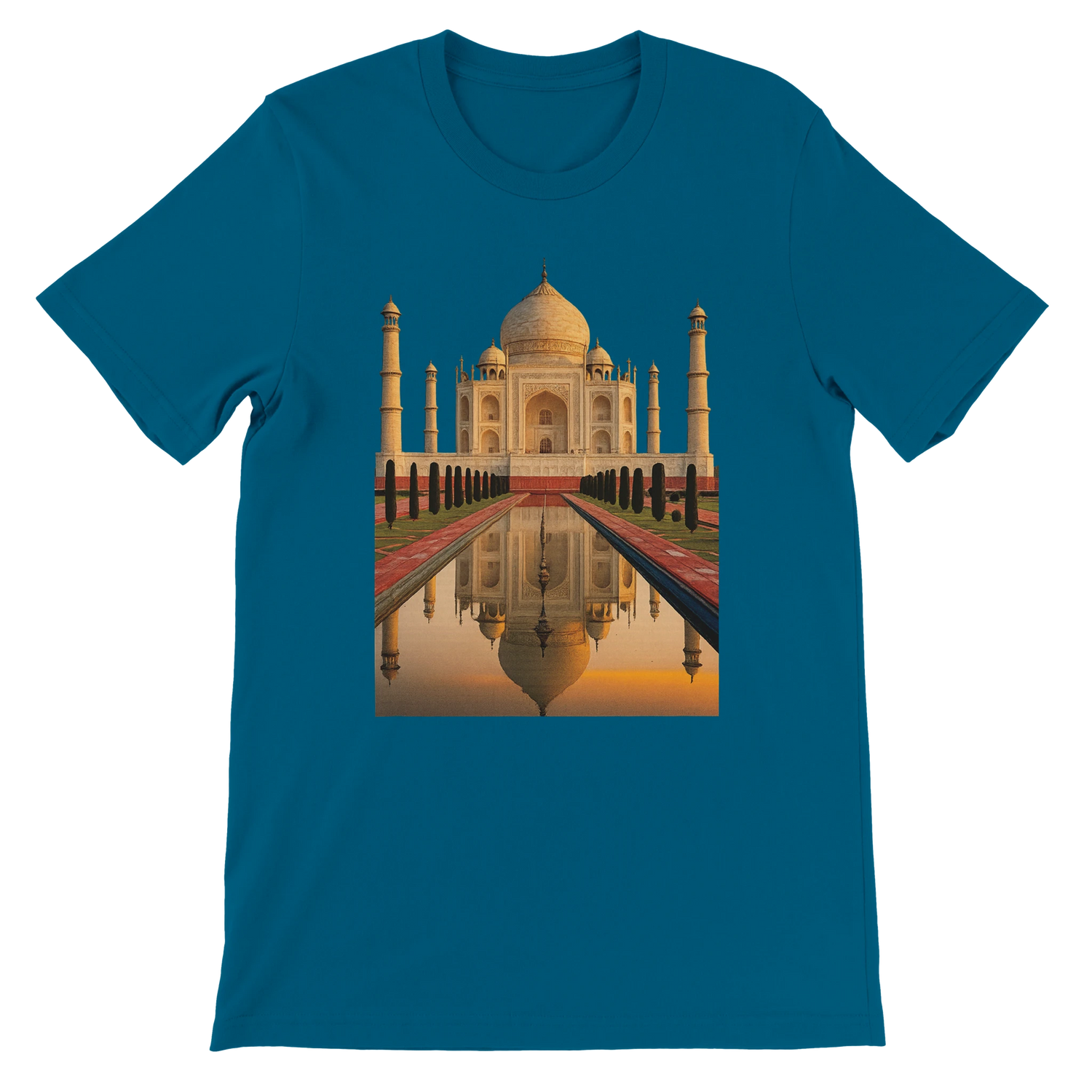 Deep teal t-shirt featuring vibrant animated illustration of the Taj Mahal. Soft unisex cotton tee with breathable side-seamed fit. Designed for print-on-demand streetwear collections and lovers of iconic cultural fashion.
