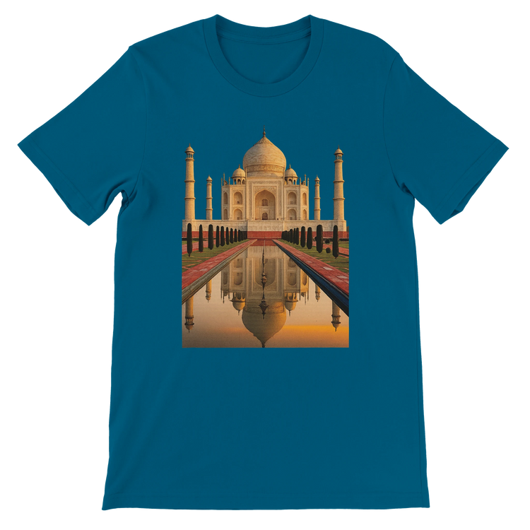 Deep teal t-shirt featuring vibrant animated illustration of the Taj Mahal. Soft unisex cotton tee with breathable side-seamed fit. Designed for print-on-demand streetwear collections and lovers of iconic cultural fashion.
