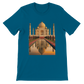 Deep teal t-shirt featuring vibrant animated illustration of the Taj Mahal. Soft unisex cotton tee with breathable side-seamed fit. Designed for print-on-demand streetwear collections and lovers of iconic cultural fashion.