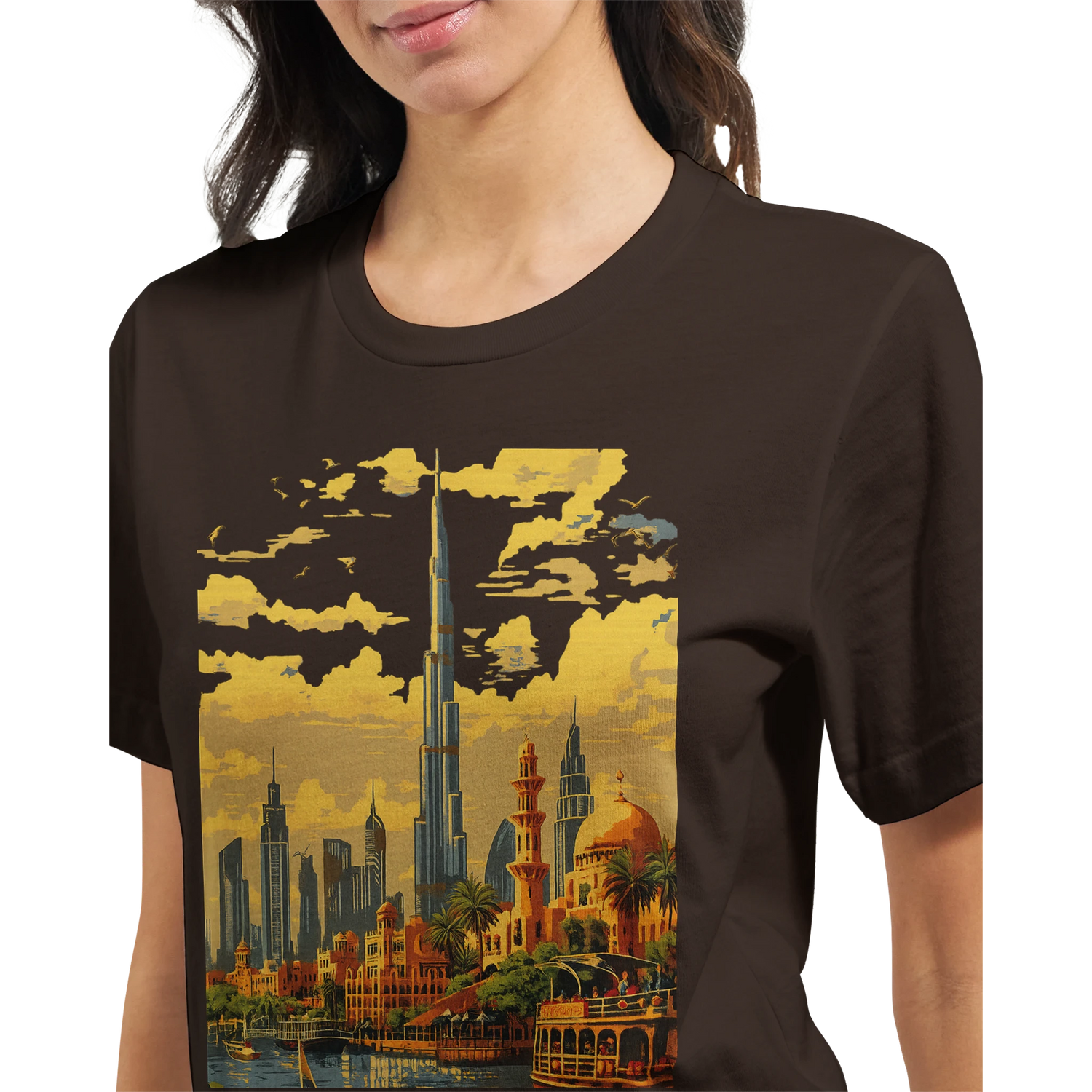 Animated Dubai Burj Khalifa landmark cotton t shirt with vibrant travel inspired design for globetrotters cityscape fans and modern streetwear culture soft breathable premium tee perfect for casual outfits and urban fashion lovers