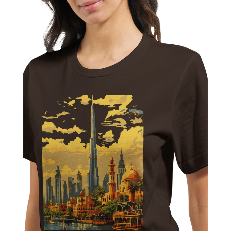 Animated Dubai Burj Khalifa landmark cotton t shirt with vibrant travel inspired design for globetrotters cityscape fans and modern streetwear culture soft breathable premium tee perfect for casual outfits and urban fashion lovers