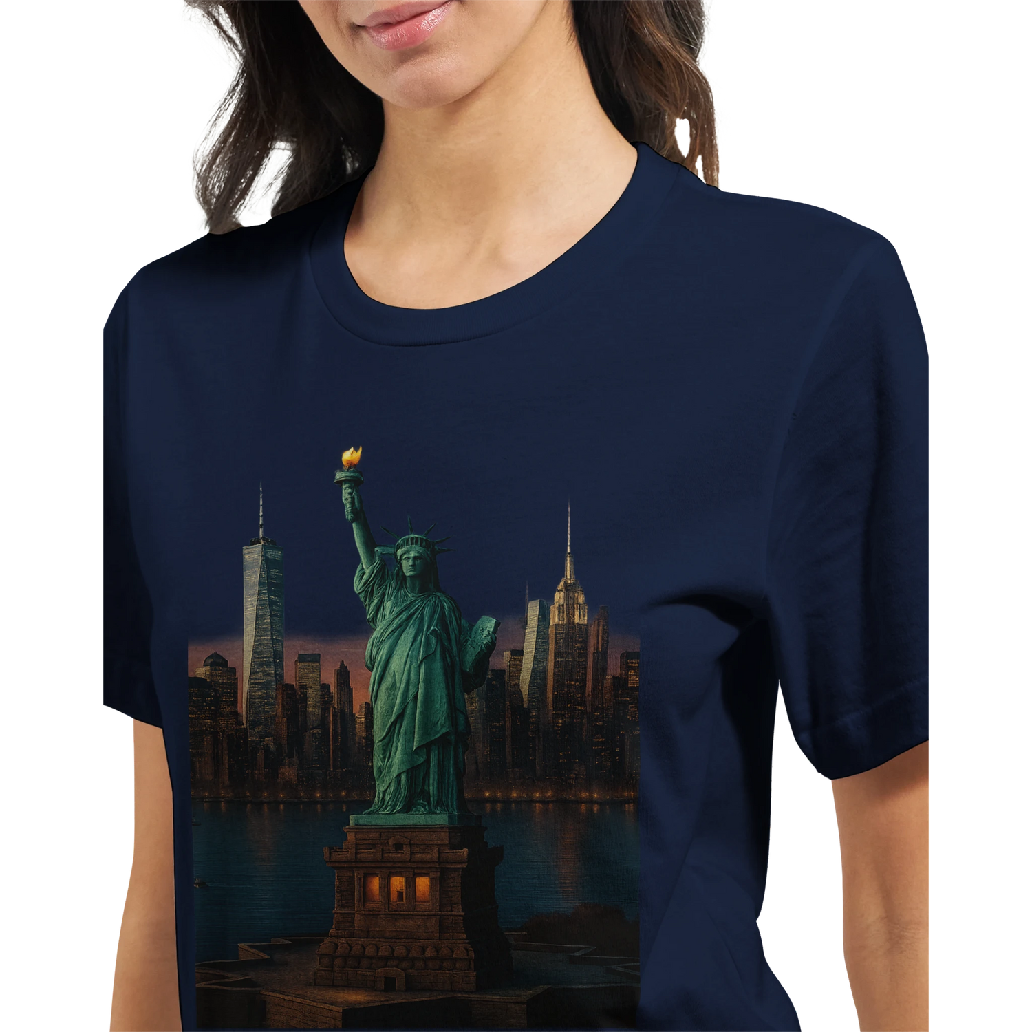 Vibrant Statue of Liberty animated landmark t-shirt celebrating New York City with colorful artistic design. Comfortable cotton tee for travel lovers patriotic outfits and world-famous monument fans.