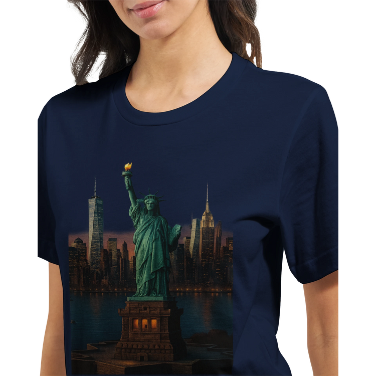 Vibrant Statue of Liberty animated landmark t-shirt celebrating New York City with colorful artistic design. Comfortable cotton tee for travel lovers patriotic outfits and world-famous monument fans.