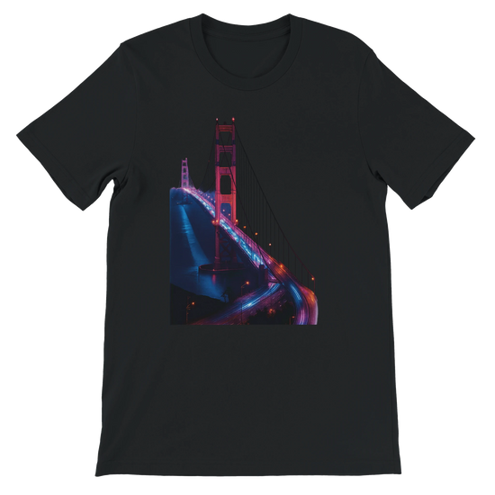 Black Golden Gate Bridge animated style t shirt with vibrant city landmark illustration for urban fashion and travel inspired outfits. Premium cotton shirt perfect for everyday wear street style and global culture apparel.