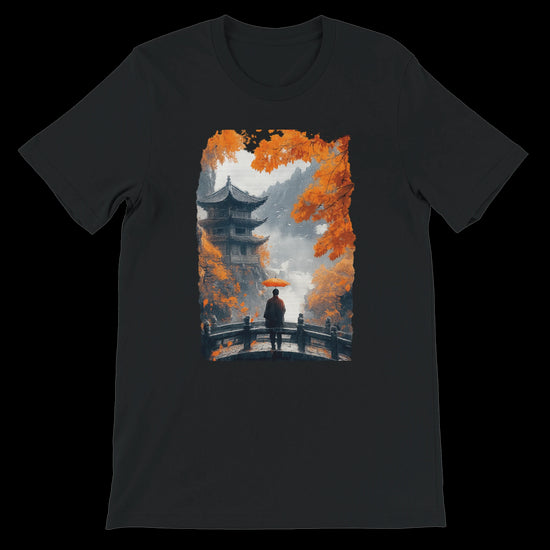 Black t-shirt with an Asian pagoda and bright red umbrella graphic.