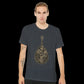 Black unisex calligraphy graphic tee featuring bold Arabic letters and cultural typography. High-quality cotton shirt designed for direct-to-garment printing and favored by urban fashion lovers and artists.