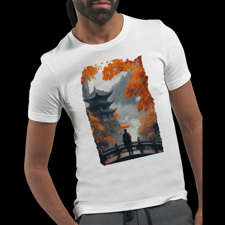 Anime t-shirt with Asian temple and red umbrella design on cotton.