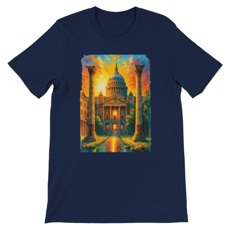 Navy animated landmark t-shirt featuring the St. Paul’s Cathedral of London. Soft cotton streetwear tee designed for world travelers, art lovers, and stylish global culture enthusiasts. Unisex fit and eco-friendly print-on-demand fashion.