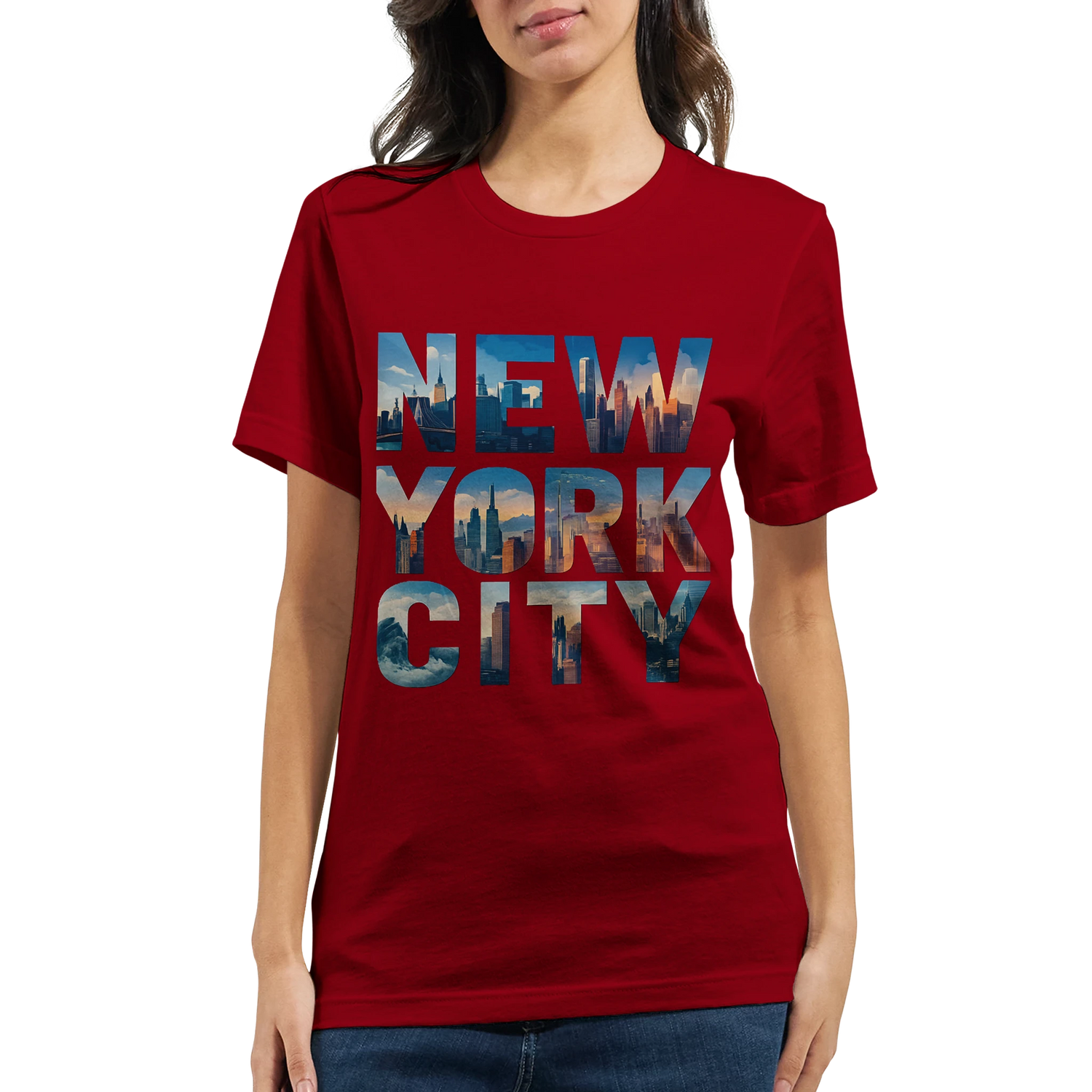 NYC souvenir graphic t shirt with animated skyline lettering perfect gift for travelers and city lovers premium cotton unisex fit casual lifestyle tee celebrating New York culture and landmarks