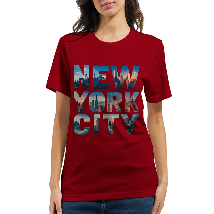 NYC souvenir graphic t shirt with animated skyline lettering perfect gift for travelers and city lovers premium cotton unisex fit casual lifestyle tee celebrating New York culture and landmarks