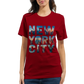 NYC souvenir graphic t shirt with animated skyline lettering perfect gift for travelers and city lovers premium cotton unisex fit casual lifestyle tee celebrating New York culture and landmarks