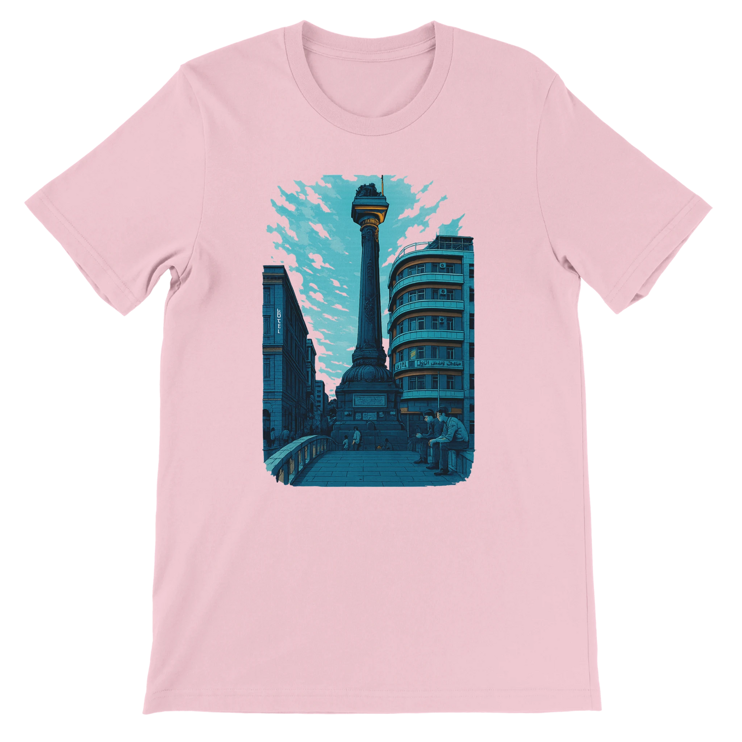 Pink cotton T shirt with vibrant animated illustration of Al Marjeh Square Damascus Syria stylish and soft urban fashion tee for travelers art lovers and premium print on demand collections