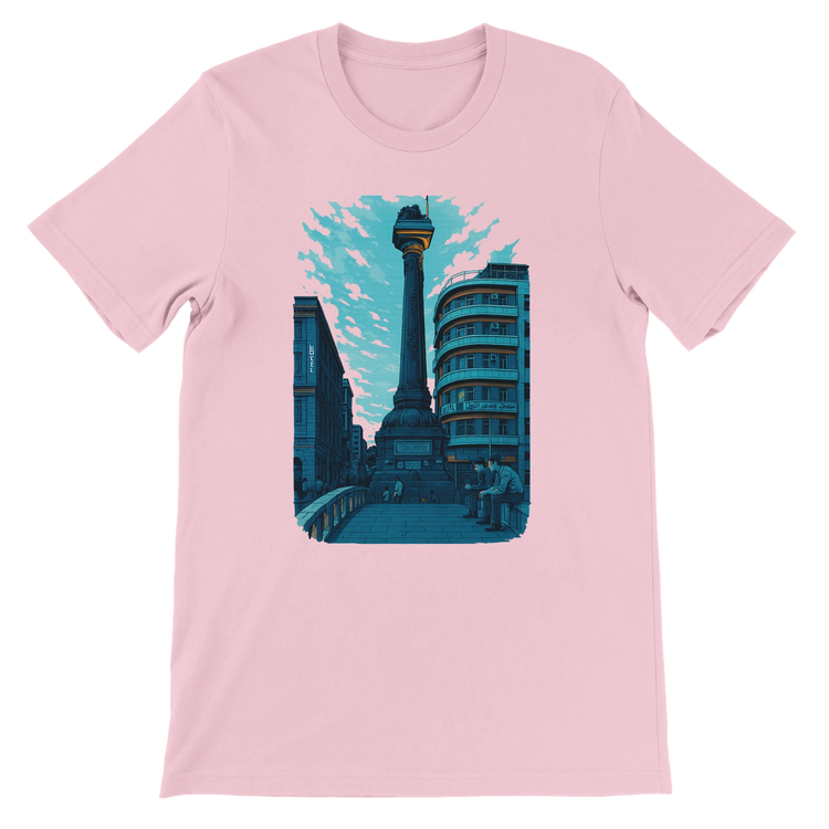 Pink cotton T shirt with vibrant animated illustration of Al Marjeh Square Damascus Syria stylish and soft urban fashion tee for travelers art lovers and premium print on demand collections