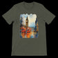 Heather Military Green Big Ben London shirt with buses.