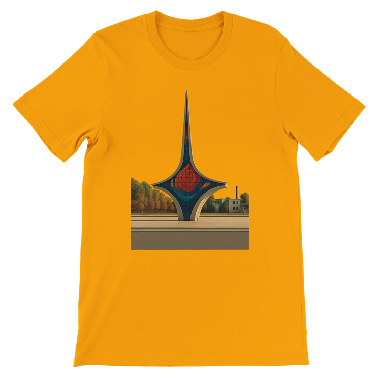 Gold Umawyeen Damascus Sword Animated Style T Shirt featuring detailed sword art from Damascus Syria in a bold animated style travel inspired premium cotton tee for streetwear and culture lovers