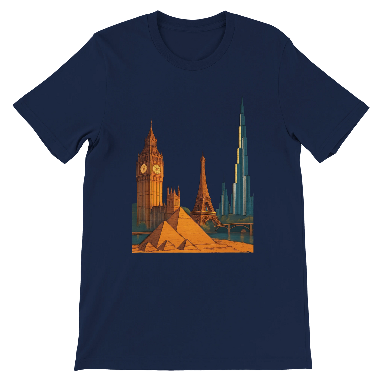 Navy City Landmarks Animated T Shirt with colorful animated illustrations of the most famous landmarks around the world. Perfect travel inspired cotton tee for architecture lovers cultural travelers and modern streetwear style. Breathable fabric with premium direct to garment print quality.